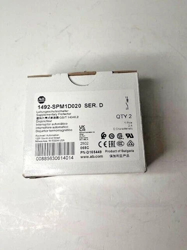 Allen Bradley 1492-SPM1D020 Miniature Circuit Breaker, 2A, 1-Pole, D-Curve, Pack of 2 — primary product image
