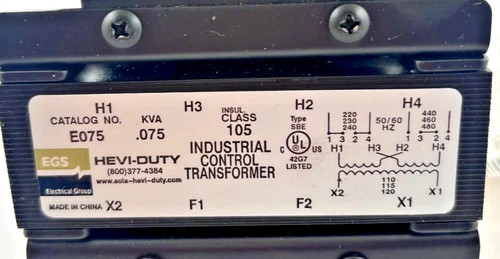 EGS Hevi-Duty E075 Industrial Control Transformer 75VA — product image 2 of 6